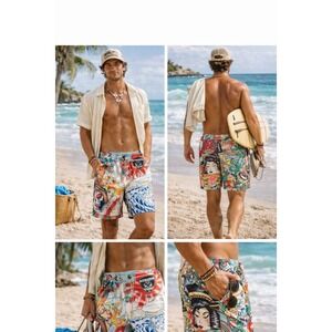 Vtg Ed Hardy Men Tattoo Board Shorts Blue Dragon Geisha Skull Swim Y2K Trunks 36
